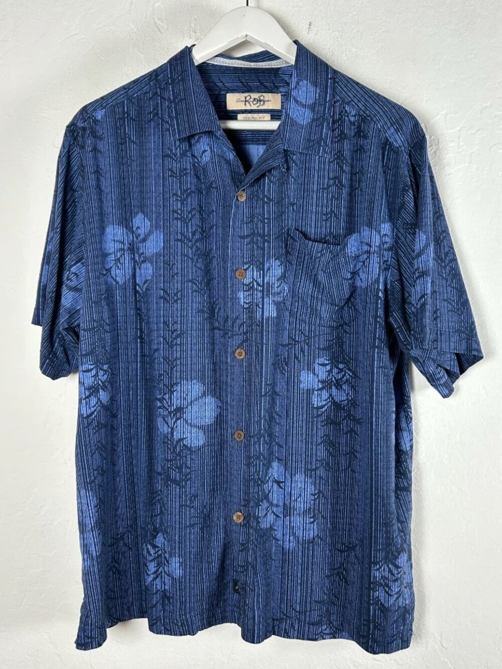 Tommy Bahama Mens Blue Floral Silk Button-Down Shirt Large Original Fit Casual